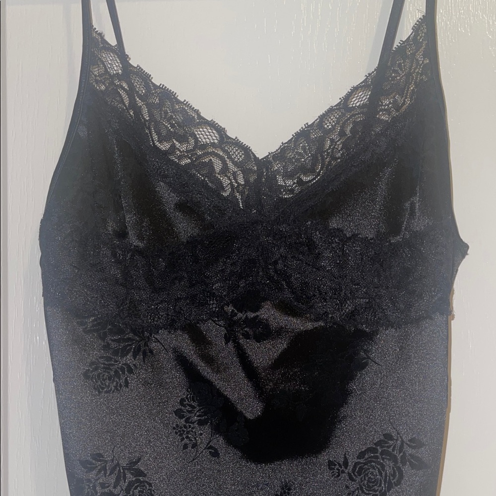 Silk Black Floral Lace Trim Slip Dress
